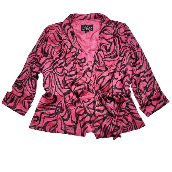 Alex Evenings Fuchsia Pink Black Metallic Print Blouse 3/4 Sleeve Wrap Top Small - Picture 3 of 10